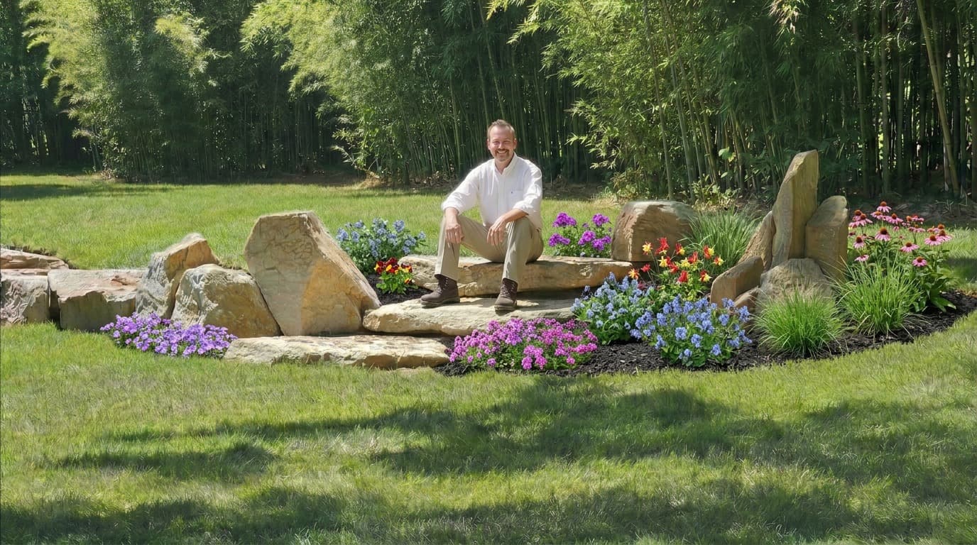 Scott sitting in a WildWorks boulder garden with perennial flowers